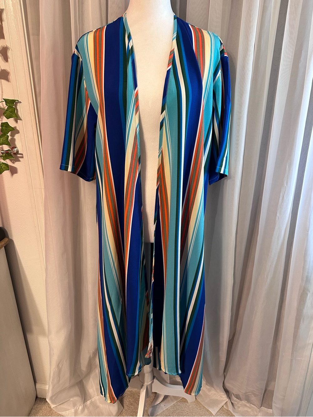 Grace + Emma Blue Orange Striped Open Front Duster Cover Up Kimono Size M/L